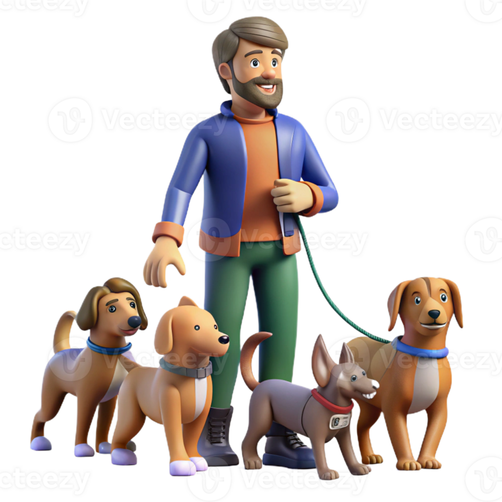 beautiful contemporary Dog walker with multiple dogs on leashes, playful scene, urban park setting, bright daylight exclusive png