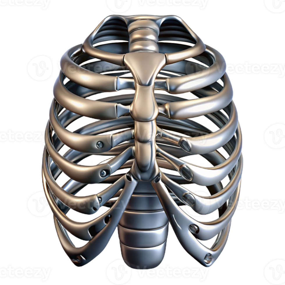 extraordinary rustic Human ribcage augmented with articulated, segmented metal plates, reflecting a harsh, metallic sheen, in a dystopian style authentic png