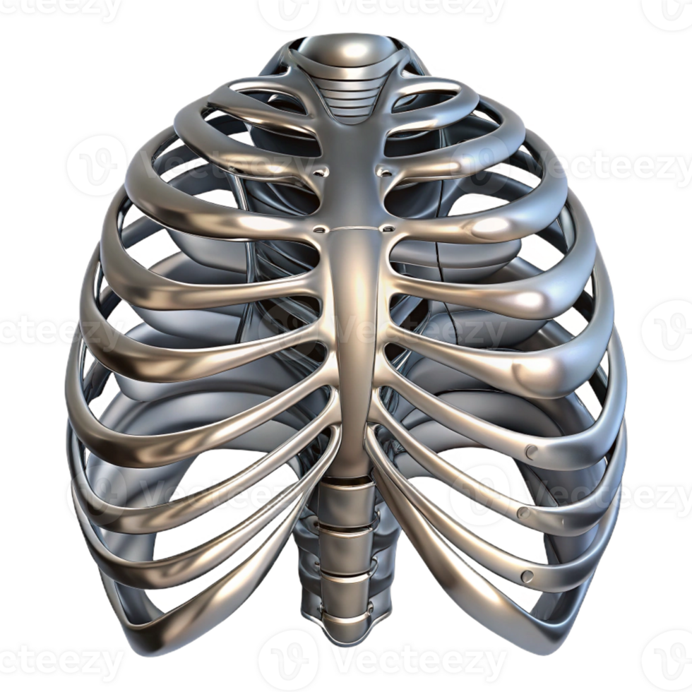 wonderful rustic Human ribcage augmented with articulated, segmented metal plates, reflecting a harsh, metallic sheen, in a dystopian style original png