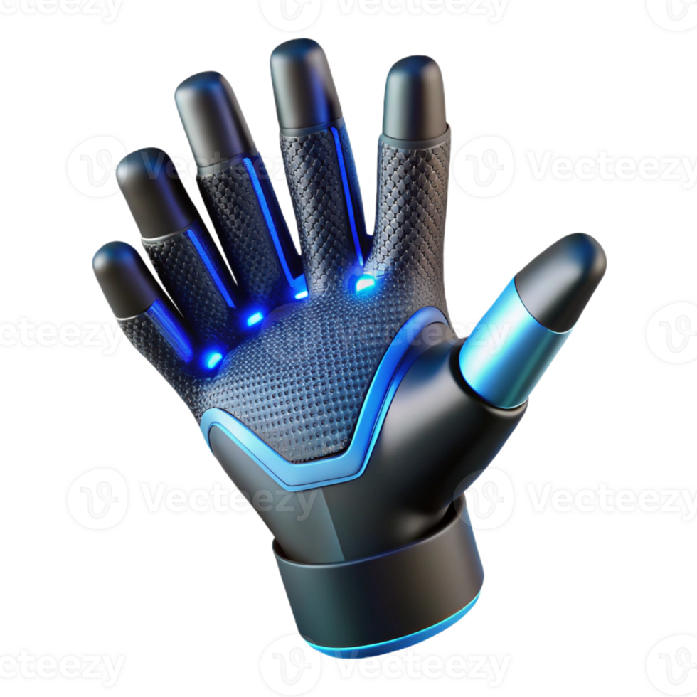 serene classic Human hand with finger extensions crafted from sleek, black carbon fiber, emitting a subtle, pulsating blue light, in a futuristic style genuine png