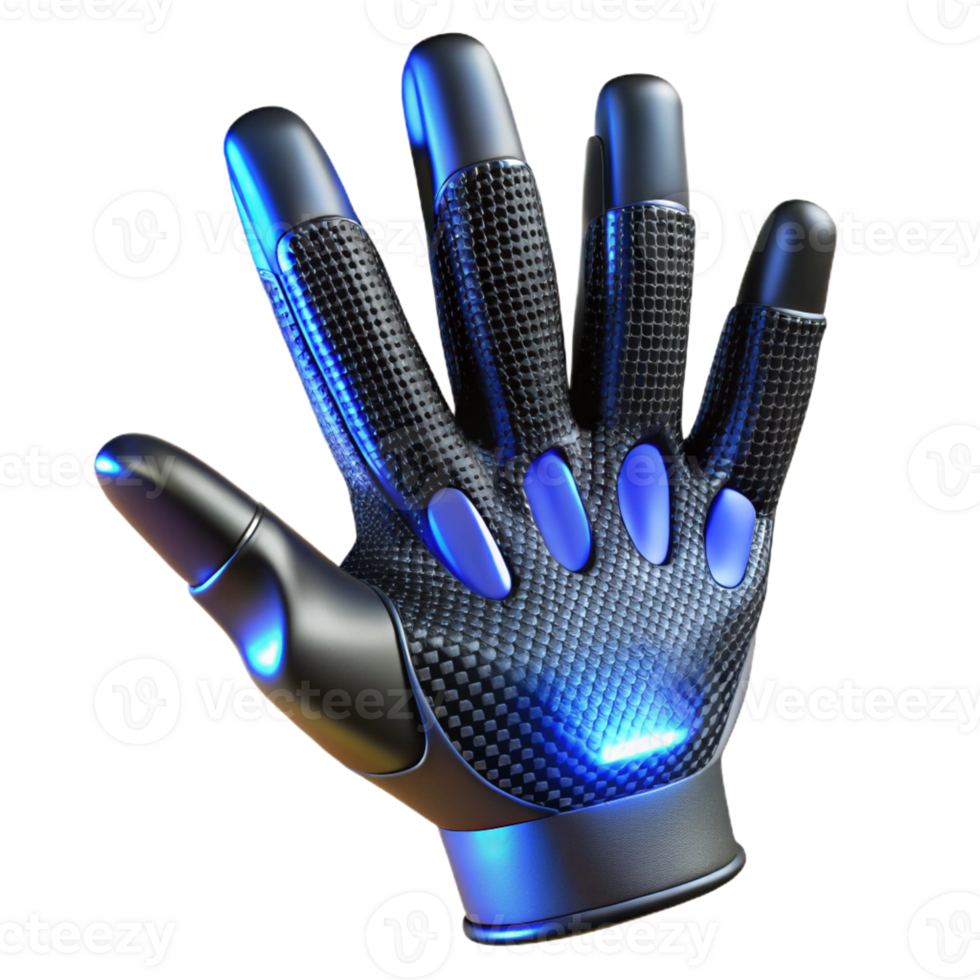 wonderful artistic Human hand with finger extensions crafted from sleek, black carbon fiber, emitting a subtle, pulsating blue light, in a futuristic style 4K png