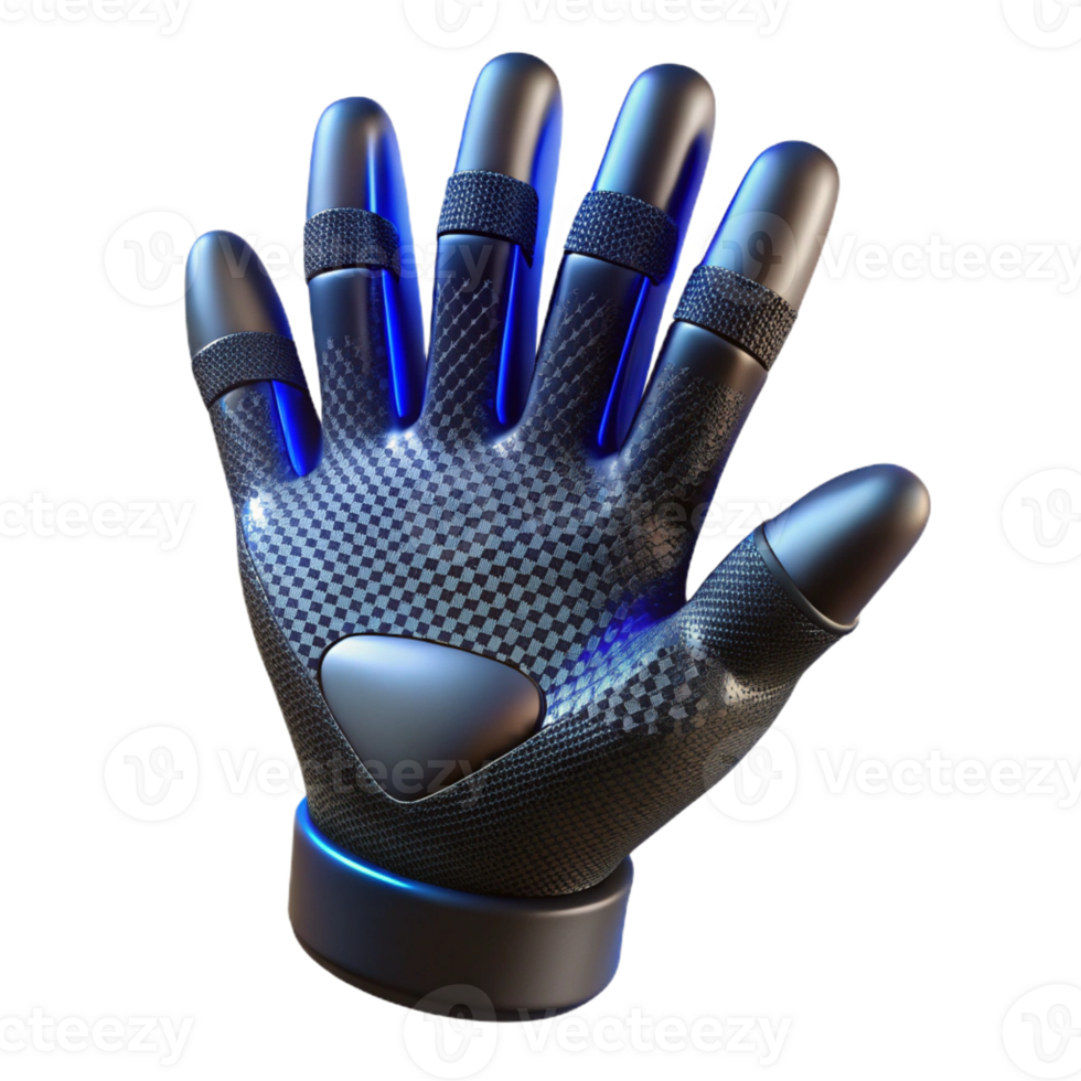 elegant contemporary Human hand with finger extensions crafted from sleek, black carbon fiber, emitting a subtle, pulsating blue light, in a futuristic style exclusive png