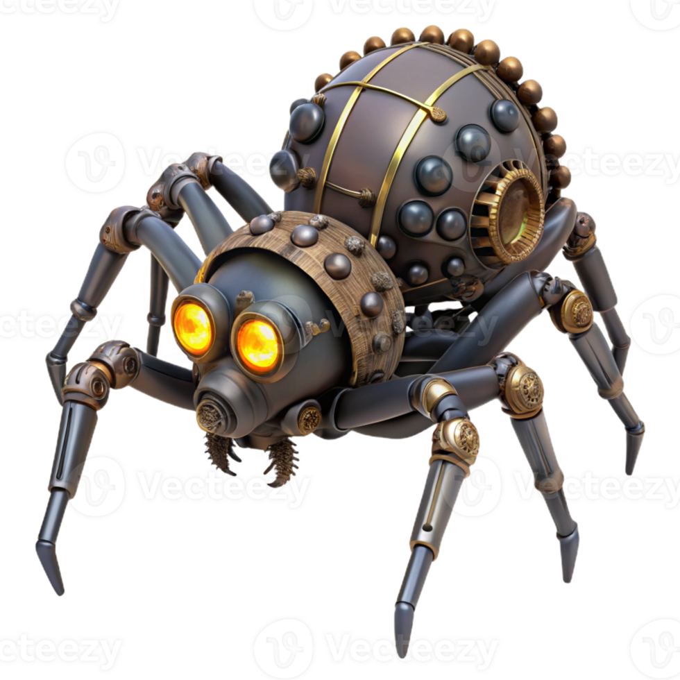 beautiful traditional A steampunk spider with mechanical legs and glowing eyes, crawling on a web of gears, in a gothic horror style professional png