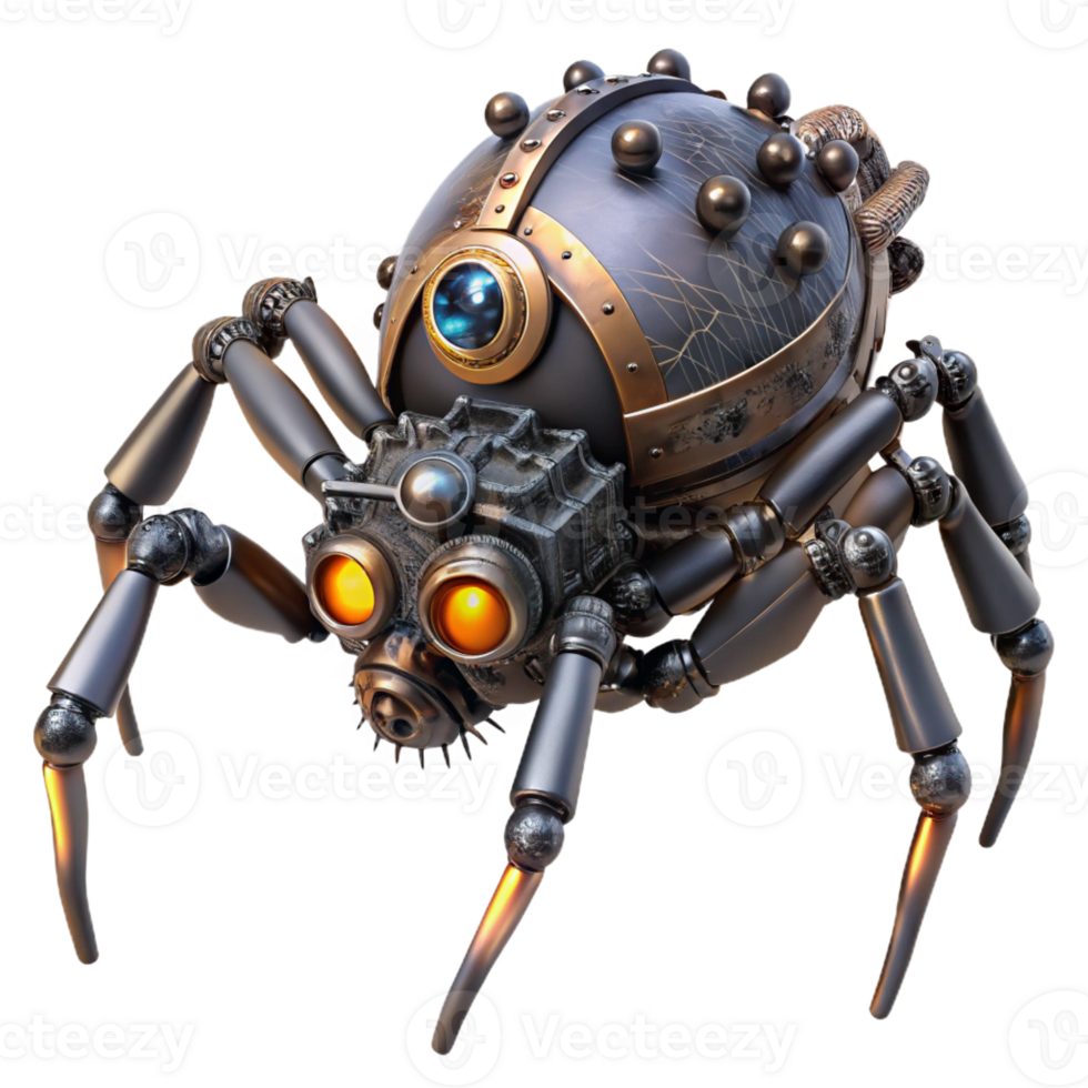 stunning rustic A steampunk spider with mechanical legs and glowing eyes, crawling on a web of gears, in a gothic horror style 4K png