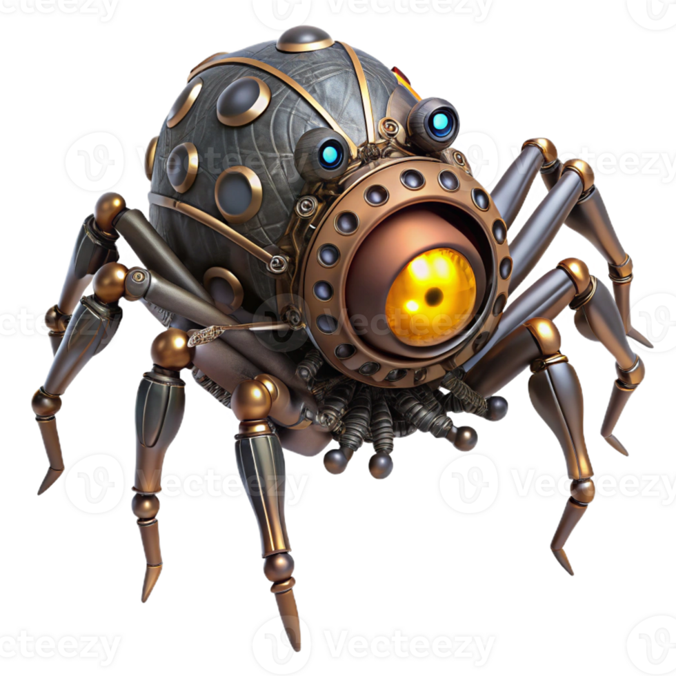 magnificent creative A steampunk spider with mechanical legs and glowing eyes, crawling on a web of gears, in a gothic horror style original png