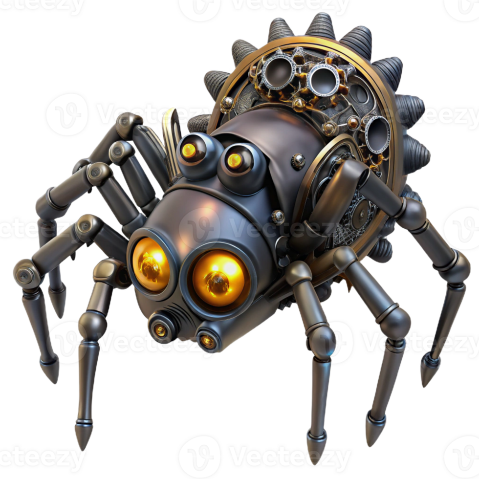 extraordinary rustic A steampunk spider with mechanical legs and glowing eyes, crawling on a web of gears, in a gothic horror style authentic png