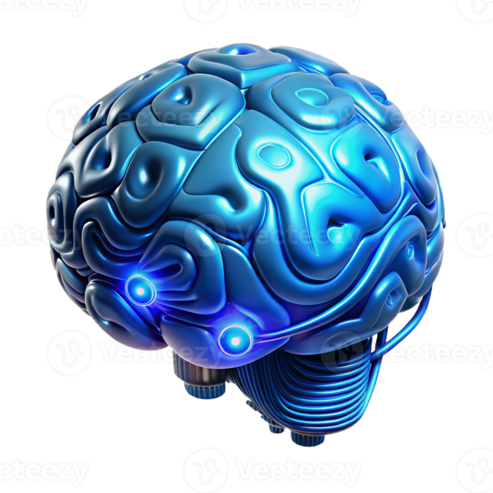 impressive abstract Biomechanical brain with exposed circuitry and glowing synapses, emitting a vibrant, electric blue light, in a cyberpunk style premium png
