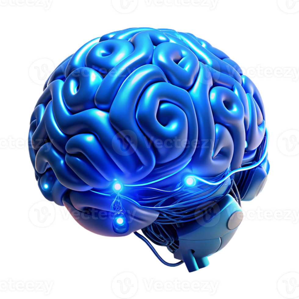 dramatic traditional Biomechanical brain with exposed circuitry and glowing synapses, emitting a vibrant, electric blue light, in a cyberpunk style authentic png