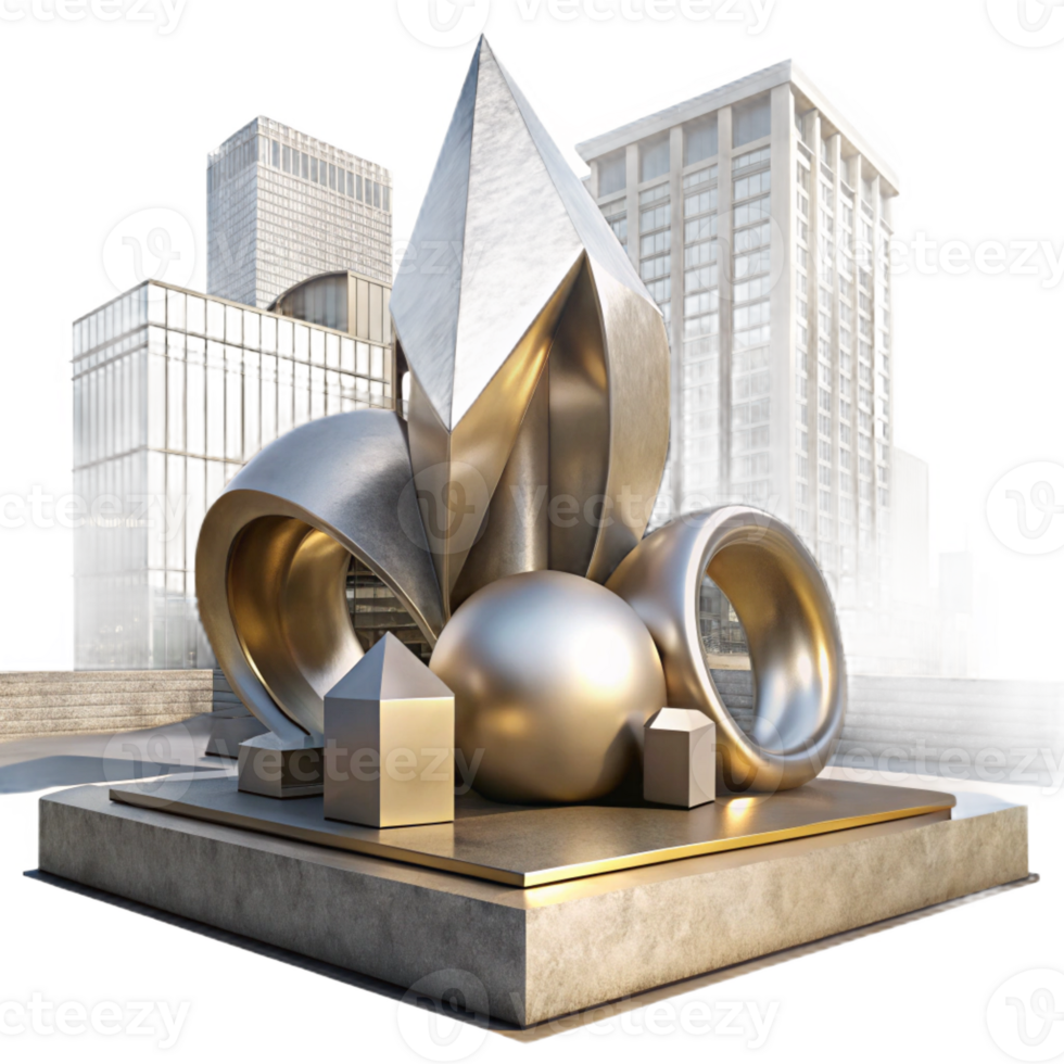 wonderful minimalist Modern art sculpture in a city square, abstract shapes, metallic textures, bright daylight original png