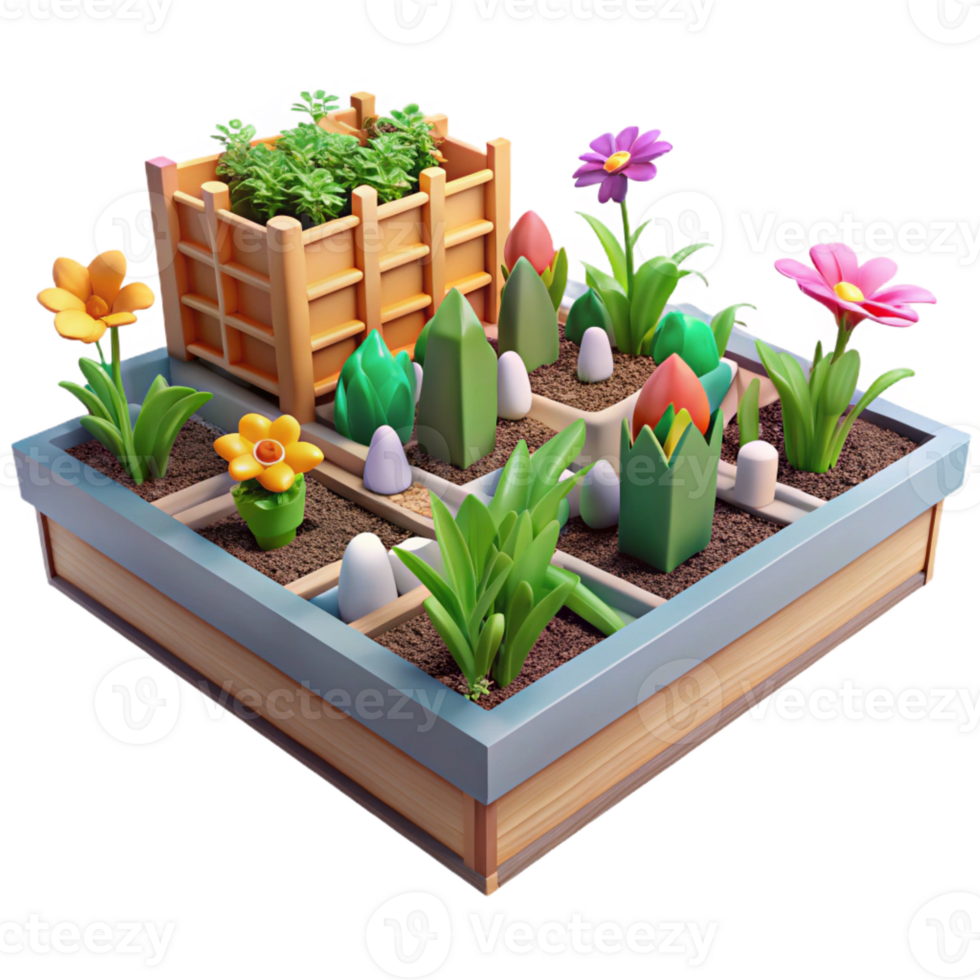 serene vintage Urban garden with raised beds and colorful flowers, community gardening theme, sustainable living original png