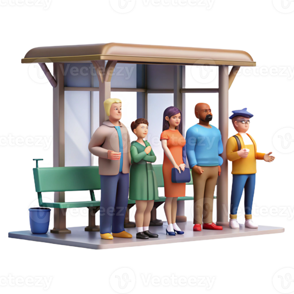 serene minimalist Group of people waiting at a bus stop, diverse characters, everyday urban life scene genuine png