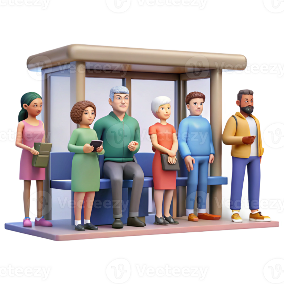 elegant minimalist Group of people waiting at a bus stop, diverse characters, everyday urban life scene 4K png