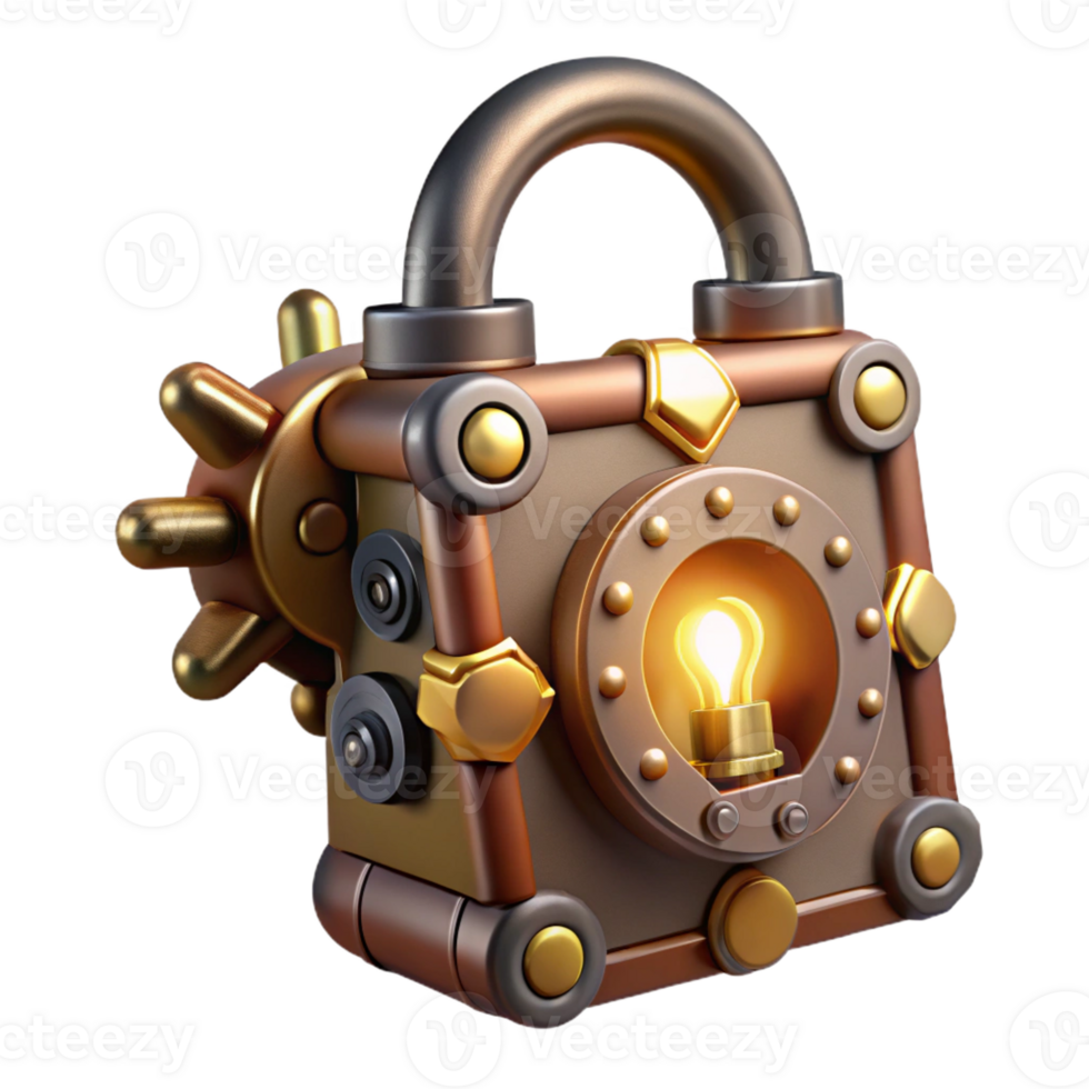 dramatic abstract A steampunk lock with intricate clockwork mechanisms and a brass faceplate, illuminated by a keyhole light, in a security style premium png