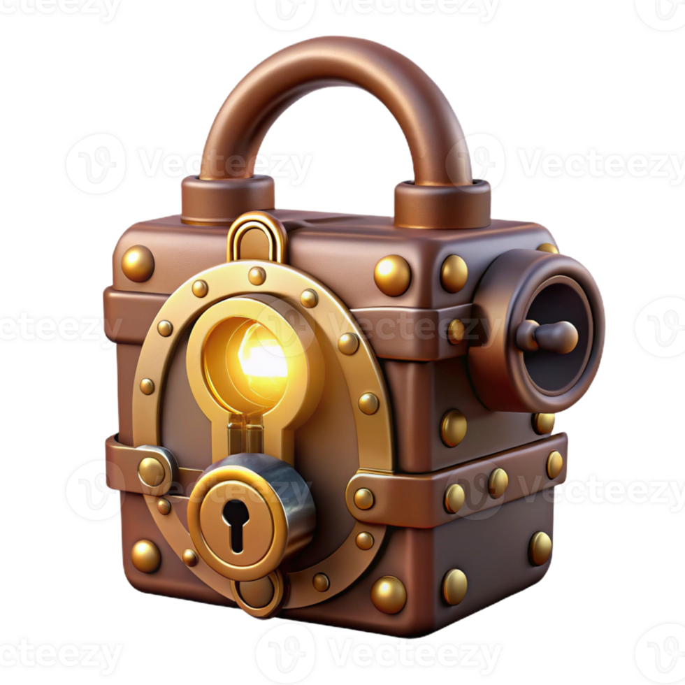 dramatic creative A steampunk lock with intricate clockwork mechanisms and a brass faceplate, illuminated by a keyhole light, in a security style detailed png