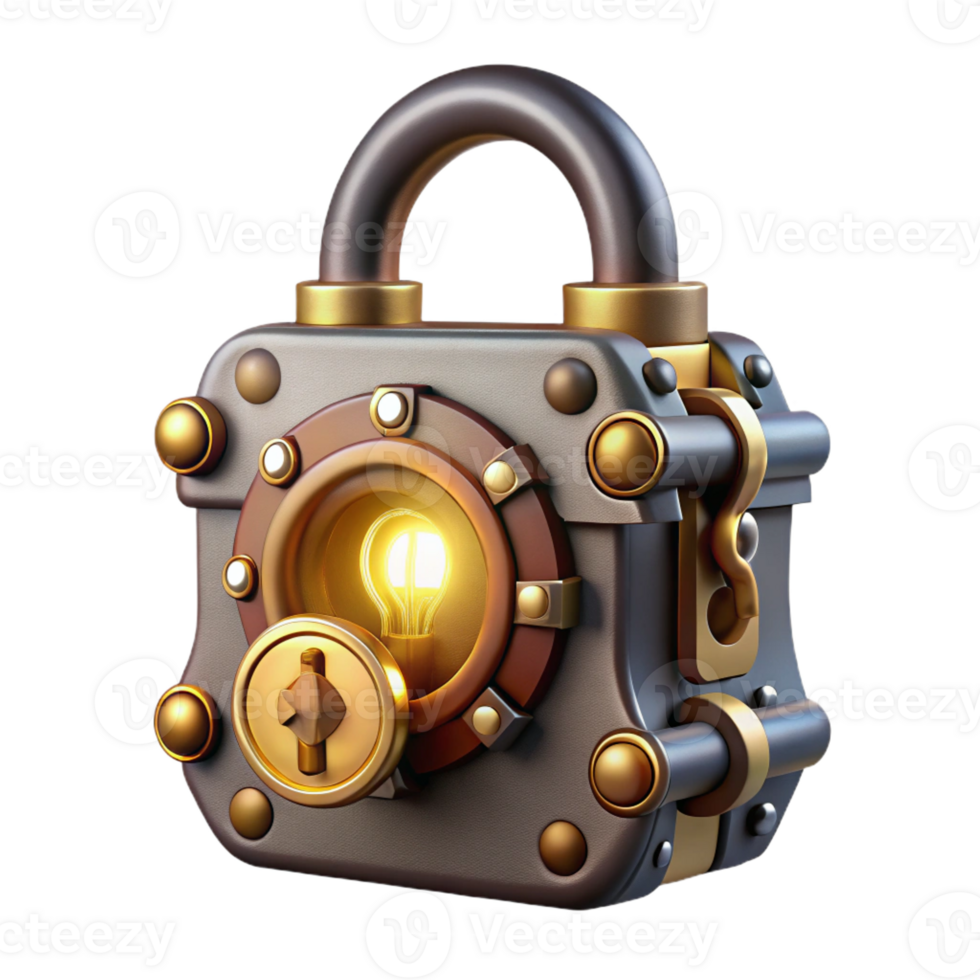 serene minimalist A steampunk lock with intricate clockwork mechanisms and a brass faceplate, illuminated by a keyhole light, in a security style high resolution png