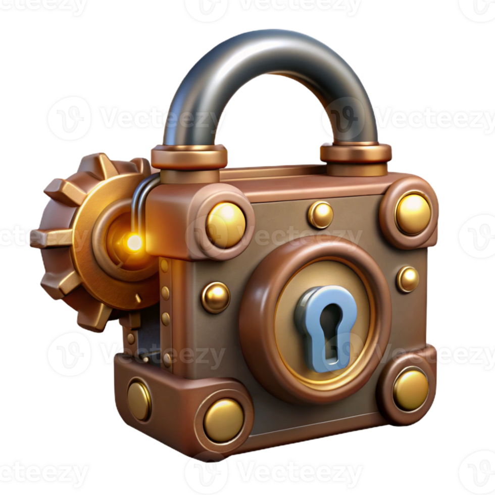 vibrant modern A steampunk lock with intricate clockwork mechanisms and a brass faceplate, illuminated by a keyhole light, in a security style high resolution png