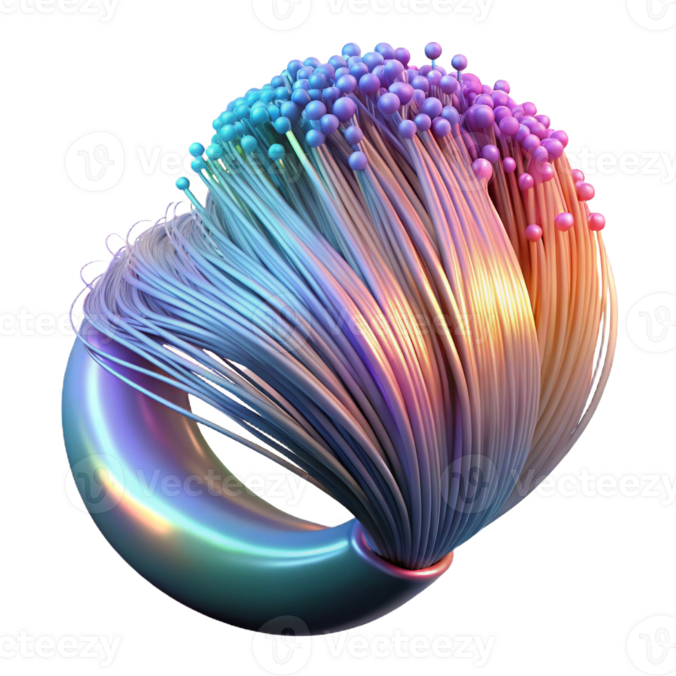 vibrant rustic Human hair interwoven with fiber optic cables, transmitting pulsating, multi-colored light, in a cyberpunk style genuine png