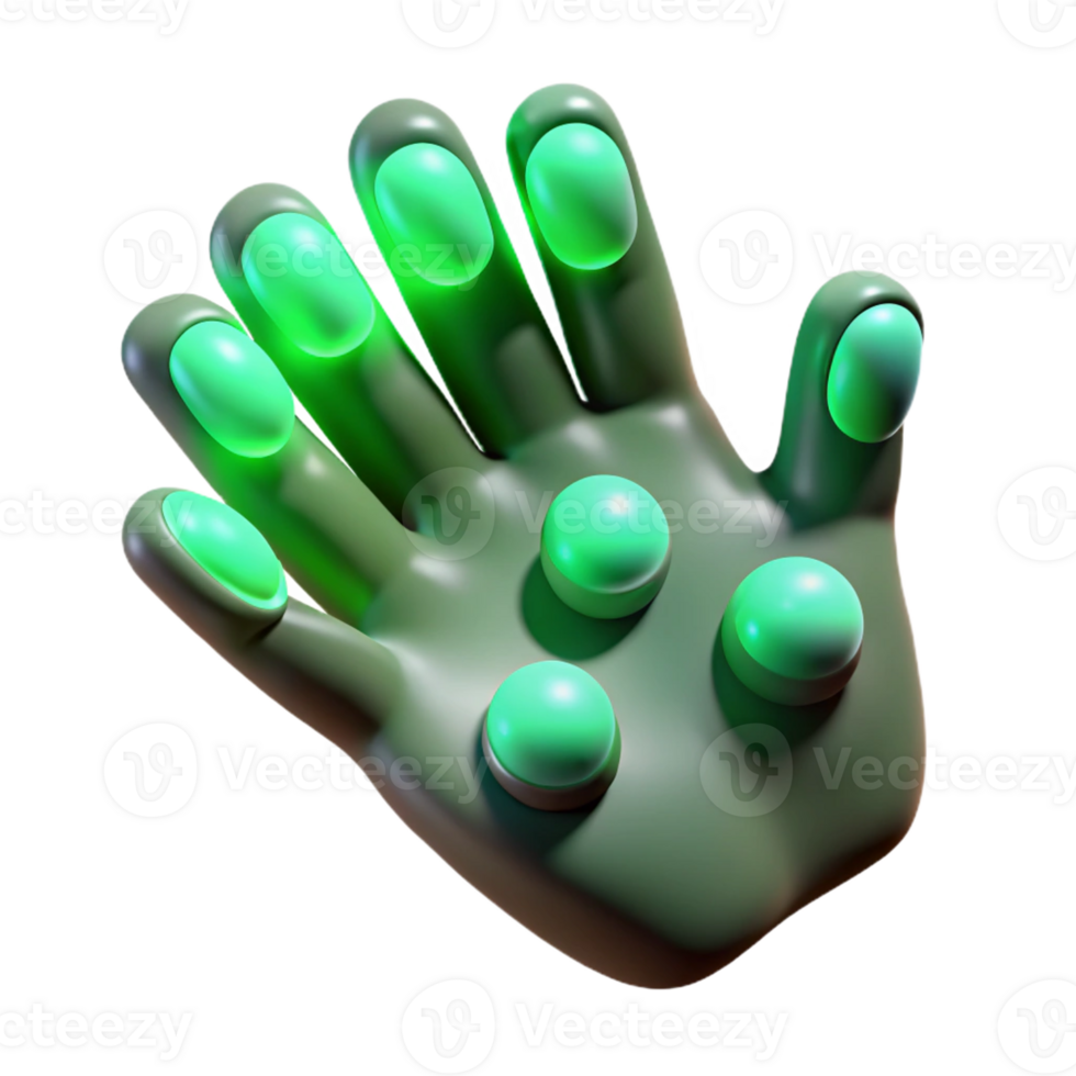 dramatic artistic Human fingers tipped with bioluminescent pads, emitting a soft, green glow, in a fantasy style authentic png