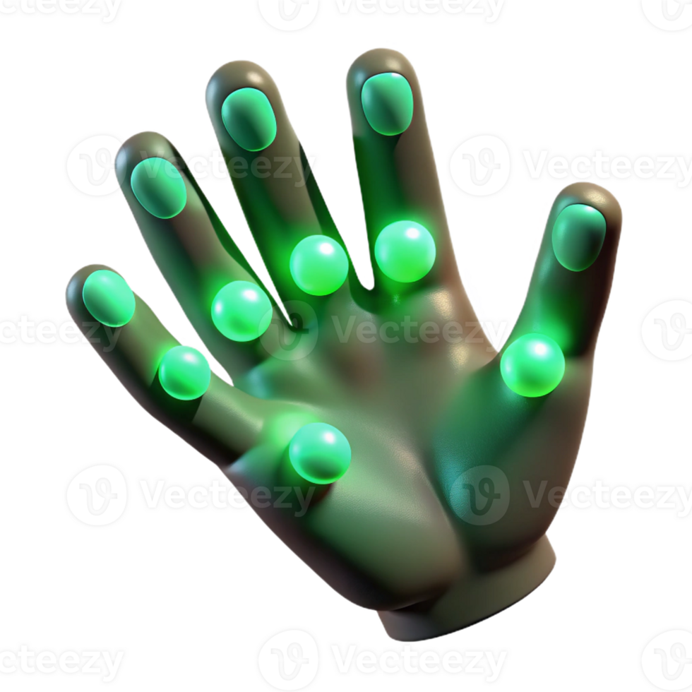stunning creative Human fingers tipped with bioluminescent pads, emitting a soft, green glow, in a fantasy style 4K png