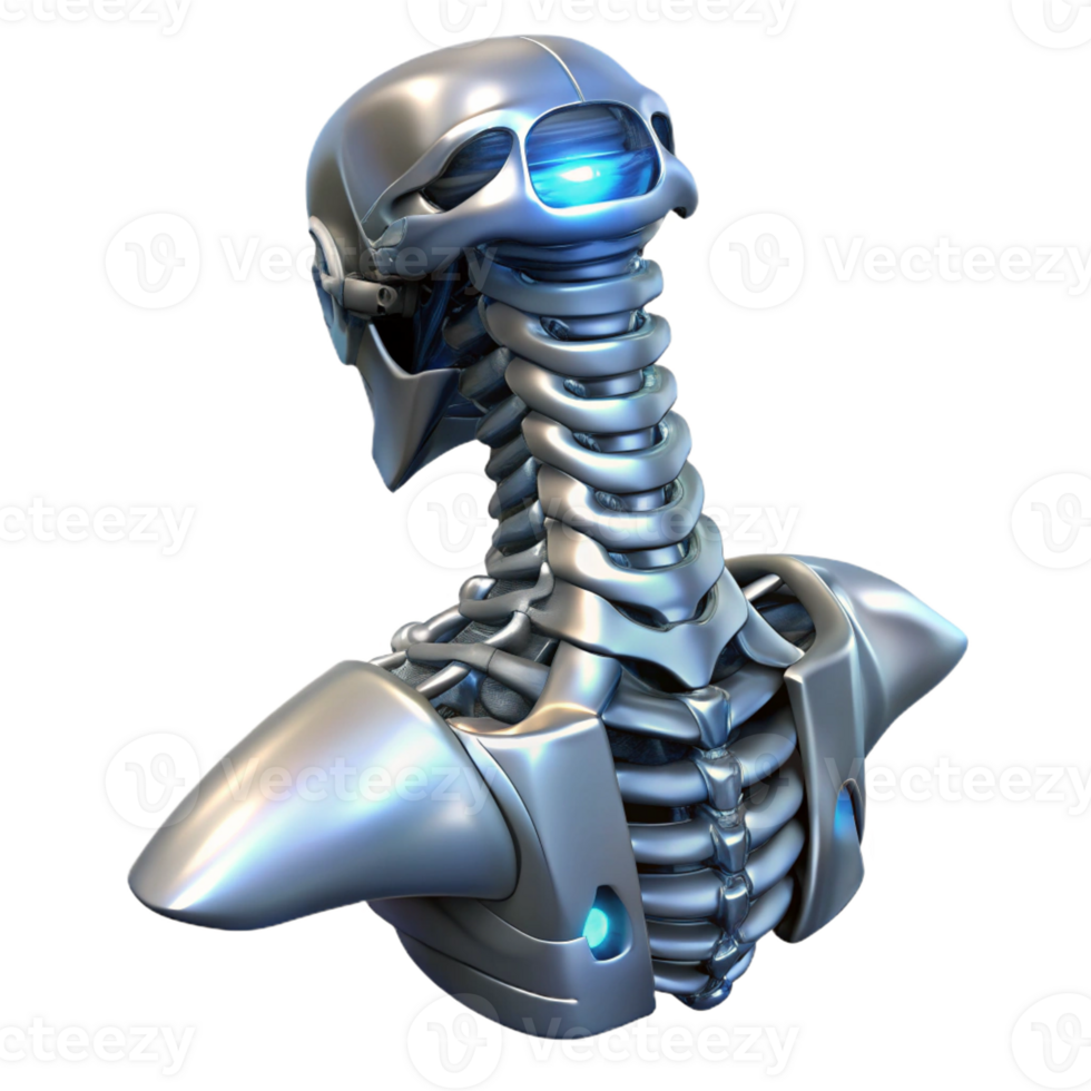 wonderful traditional Biomechanical neck with exposed vertebrae and artificial tendons, exhibiting a polished, silver finish, illuminated by a cool, moonlight glow, in a science fiction aesthetic 4K png