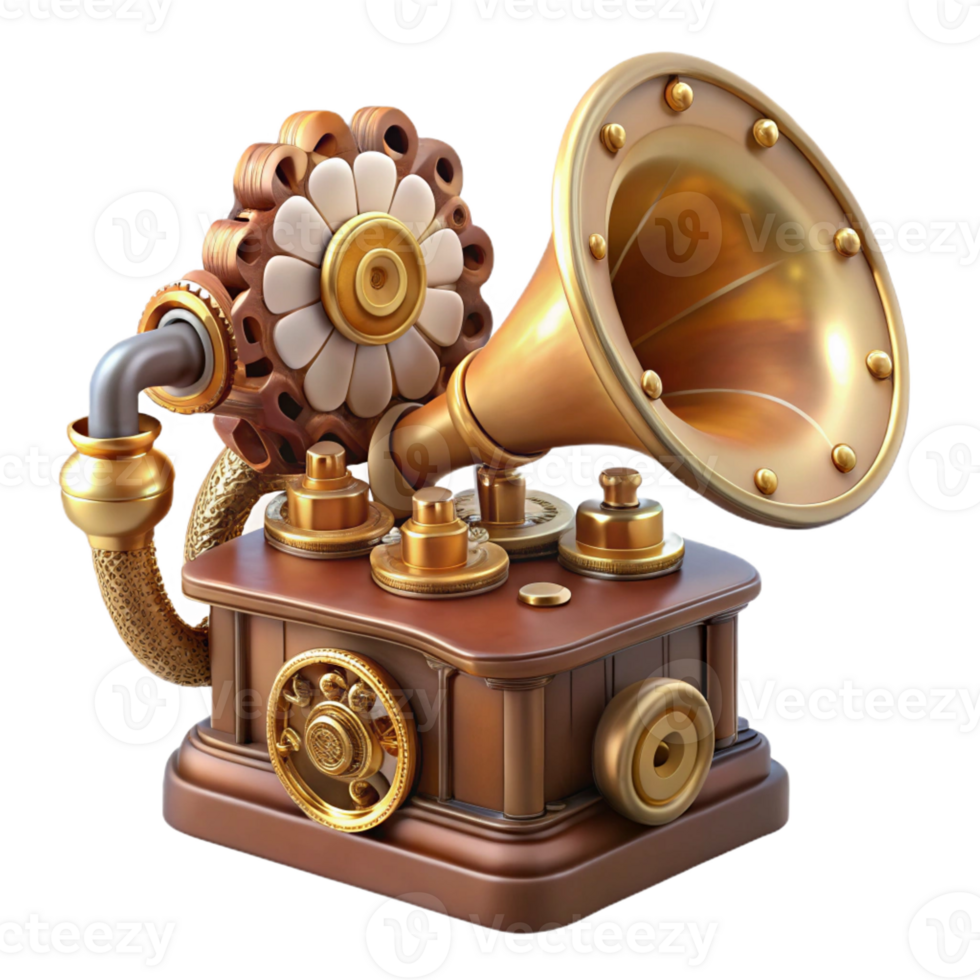 wonderful contemporary A steampunk gramophone with a brass horn and intricate clockwork gears, playing a soft melody, in a musical style premium png