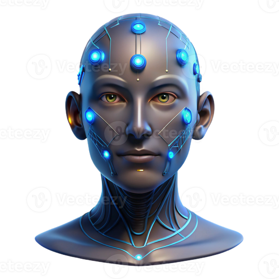 wonderful artistic Human face with integrated data ports and glowing LEDs, emitting a flickering, digital light, in a cyberpunk style authentic png
