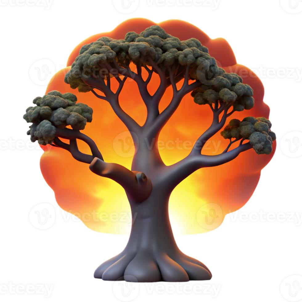 elegant creative A gnarled oak tree silhouetted against a fiery sunset, painted in the style of Albert Bierstadt detailed png