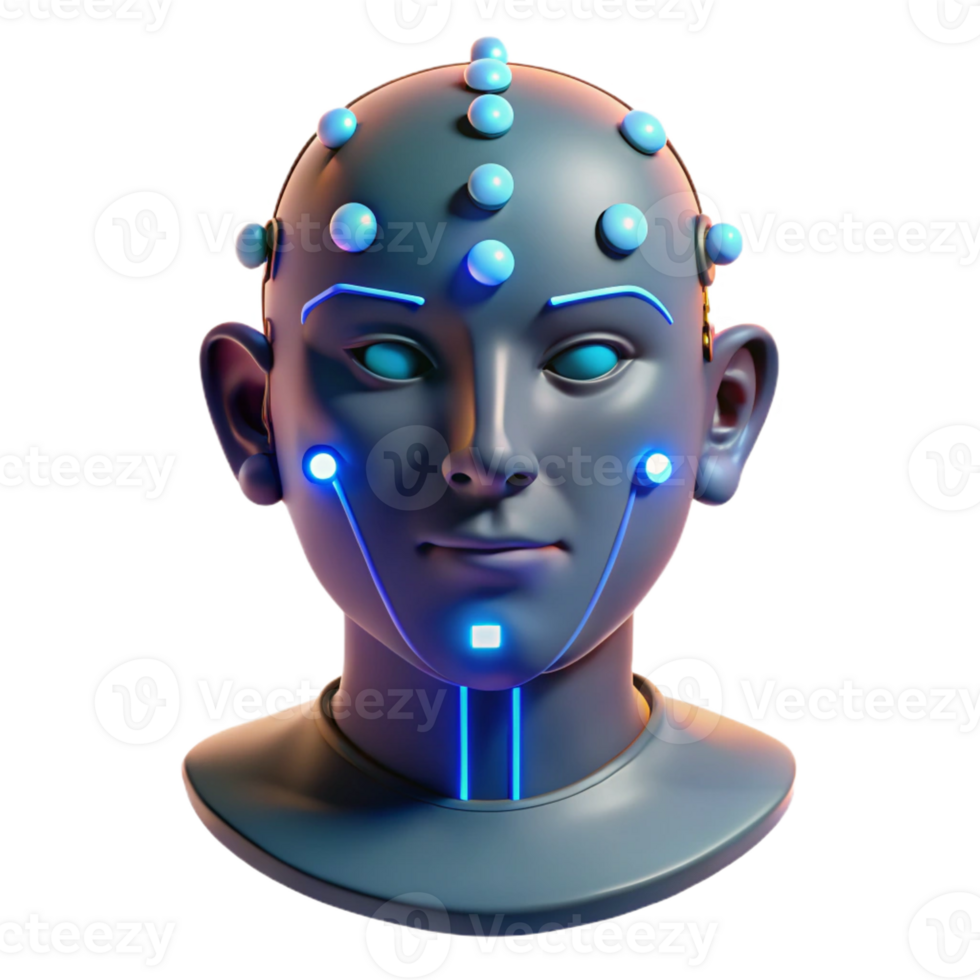 stunning classic Human face with integrated data ports and glowing LEDs, emitting a flickering, digital light, in a cyberpunk style professional png