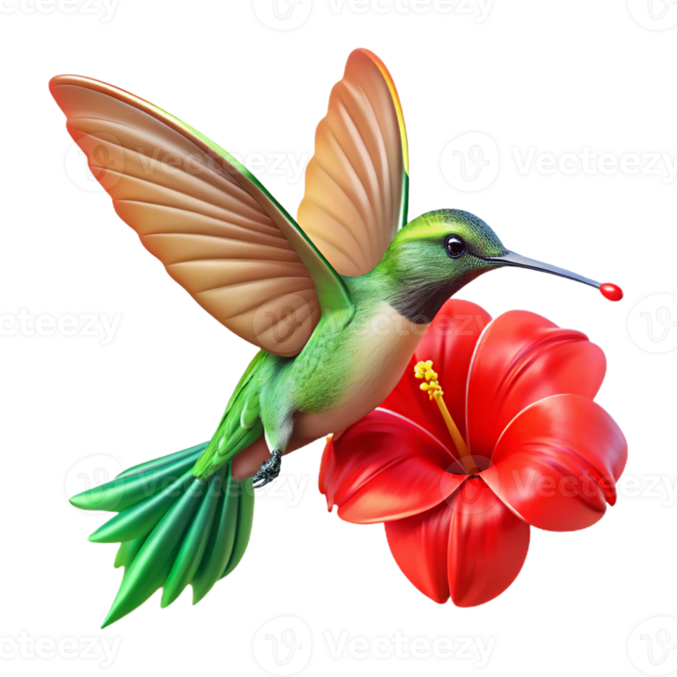 magnificent minimalist A hummingbird hovering mid-air, wings blurred in motion, feeding on a bright red hibiscus flower, vibrant colors, nature photography style detailed png