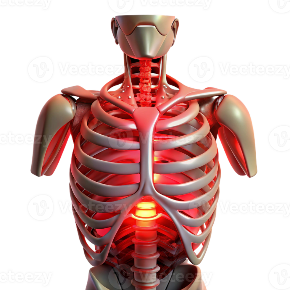 dramatic modern Biomechanical torso with exposed ribcage and artificial organs, illuminated by a pulsating, red light, in a horror style high resolution png
