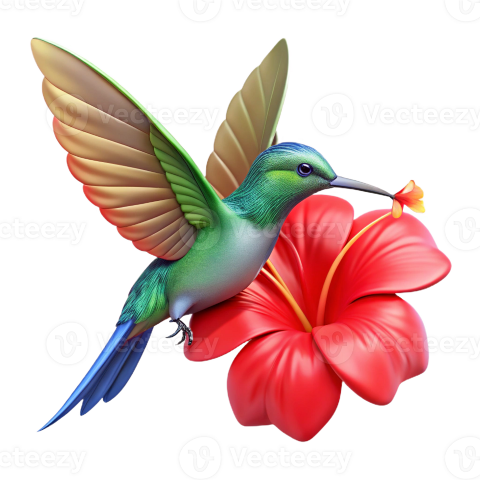 stunning abstract A hummingbird hovering mid-air, wings blurred in motion, feeding on a bright red hibiscus flower, vibrant colors, nature photography style original png