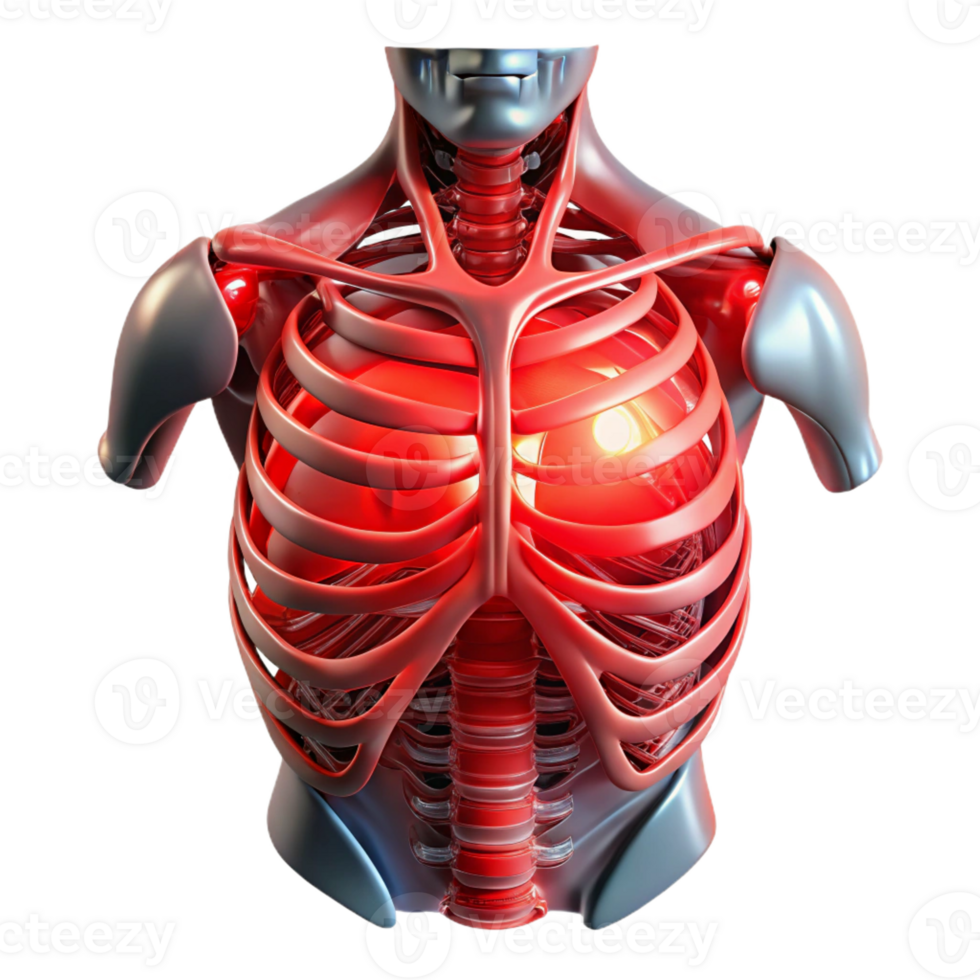 beautiful artistic Biomechanical torso with exposed ribcage and artificial organs, illuminated by a pulsating, red light, in a horror style high quality png