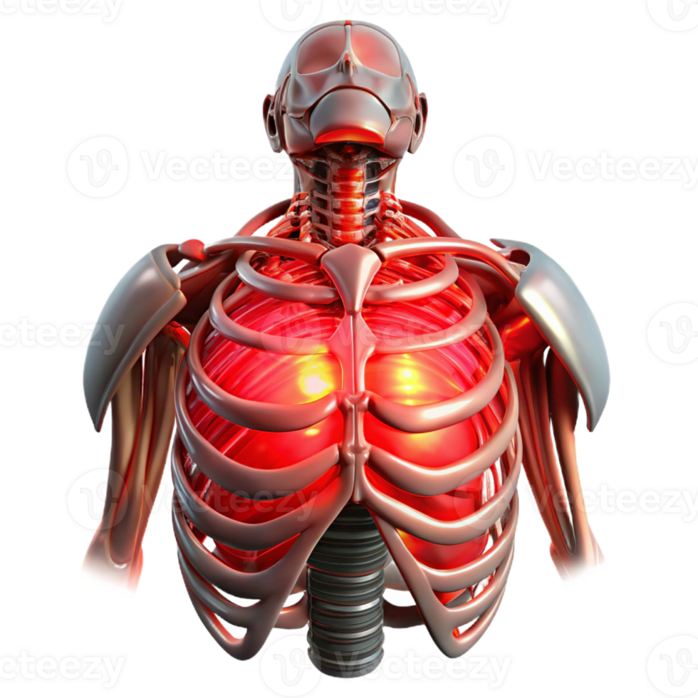 extraordinary rustic Biomechanical torso with exposed ribcage and artificial organs, illuminated by a pulsating, red light, in a horror style high resolution png