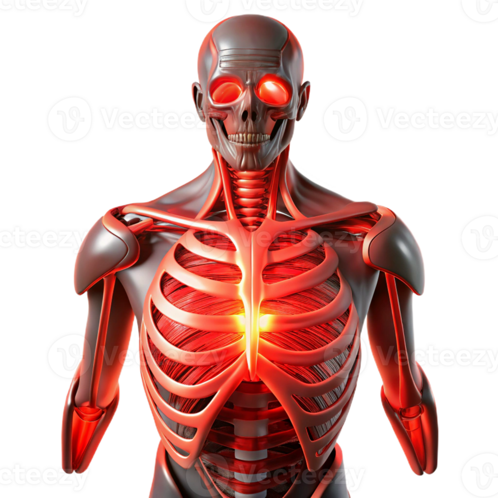 elegant artistic Biomechanical torso with exposed ribcage and artificial organs, illuminated by a pulsating, red light, in a horror style 4K png