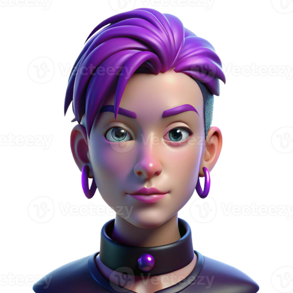 wonderful modern Portrait of a nonbinary person with short purple hair and multiple piercings, dramatically lit from below, in a cyberpunk style 4K png