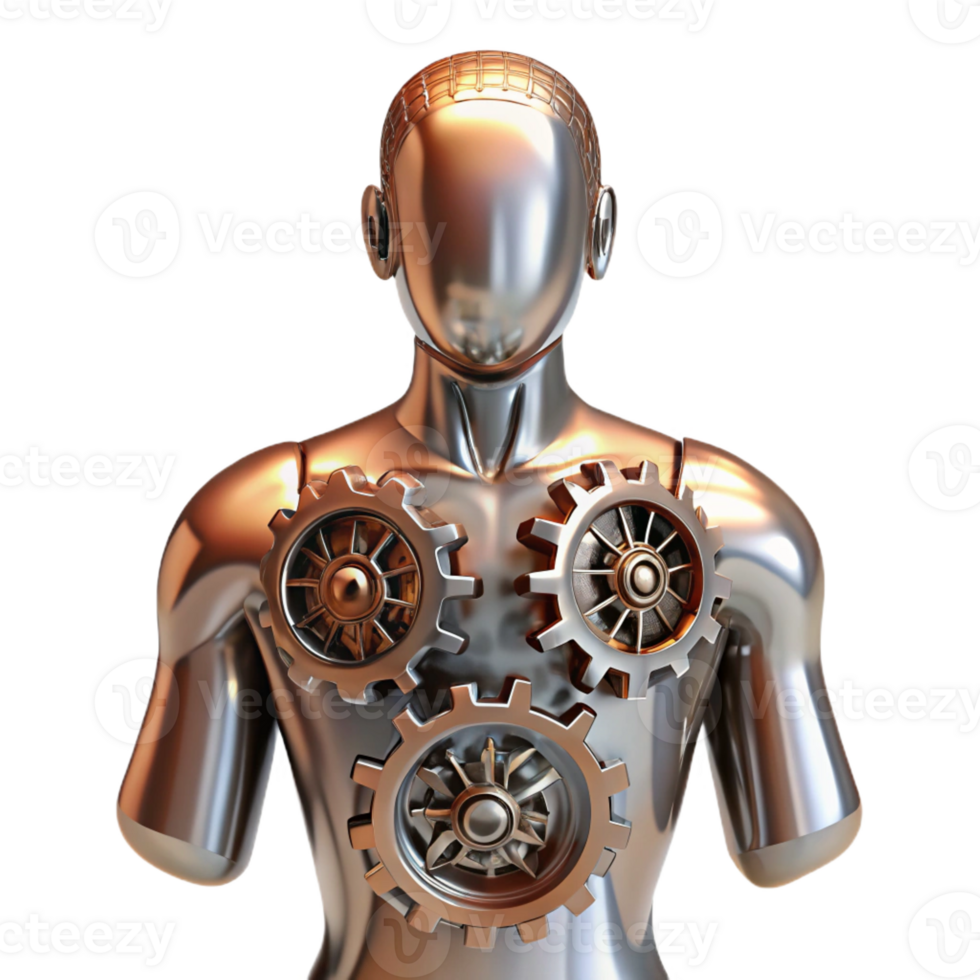 stunning classic Human silhouette composed entirely of interconnected gears and pistons, reflecting a metallic sheen, in a steampunk aesthetic genuine png