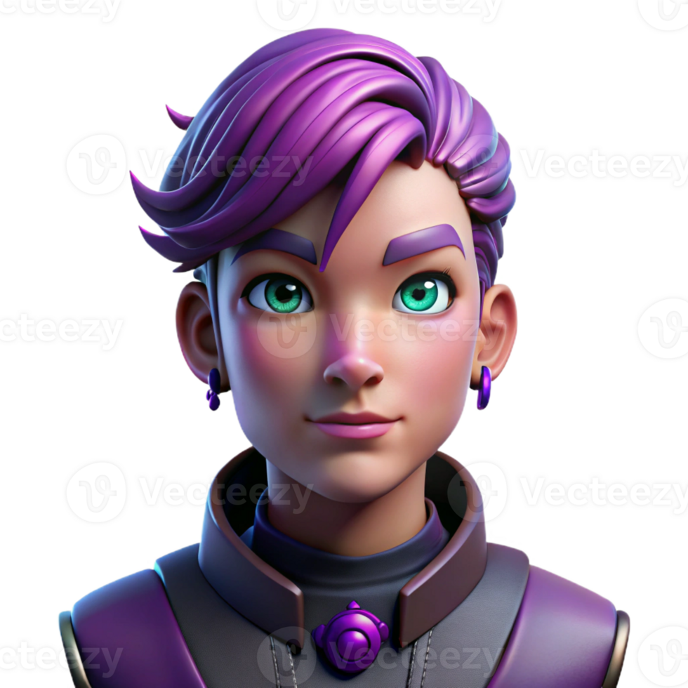 extraordinary modern Portrait of a nonbinary person with short purple hair and multiple piercings, dramatically lit from below, in a cyberpunk style genuine png