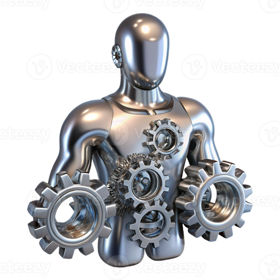 magnificent vintage Human silhouette composed entirely of interconnected gears and pistons, reflecting a metallic sheen, in a steampunk aesthetic exclusive png