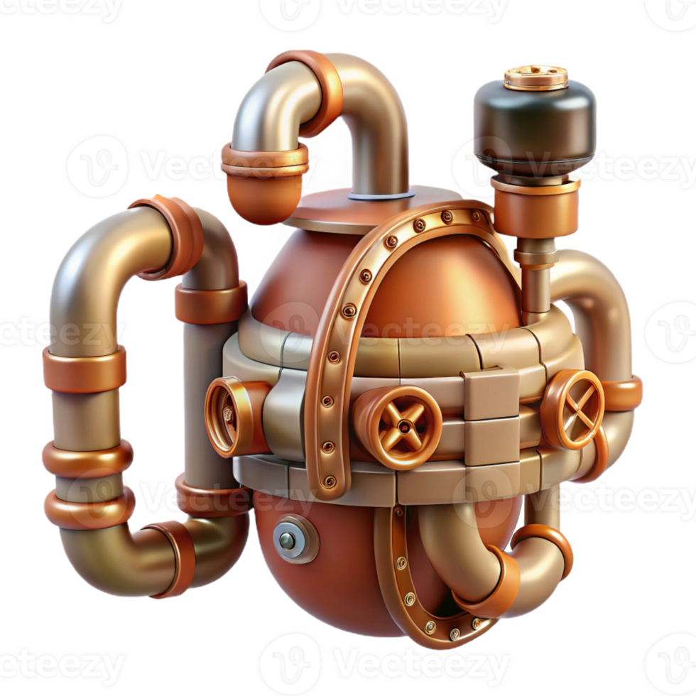 elegant artistic Biomechanical digestive system with exposed pipes and filters, exhibiting a tarnished, copper finish, in a steampunk style detailed png