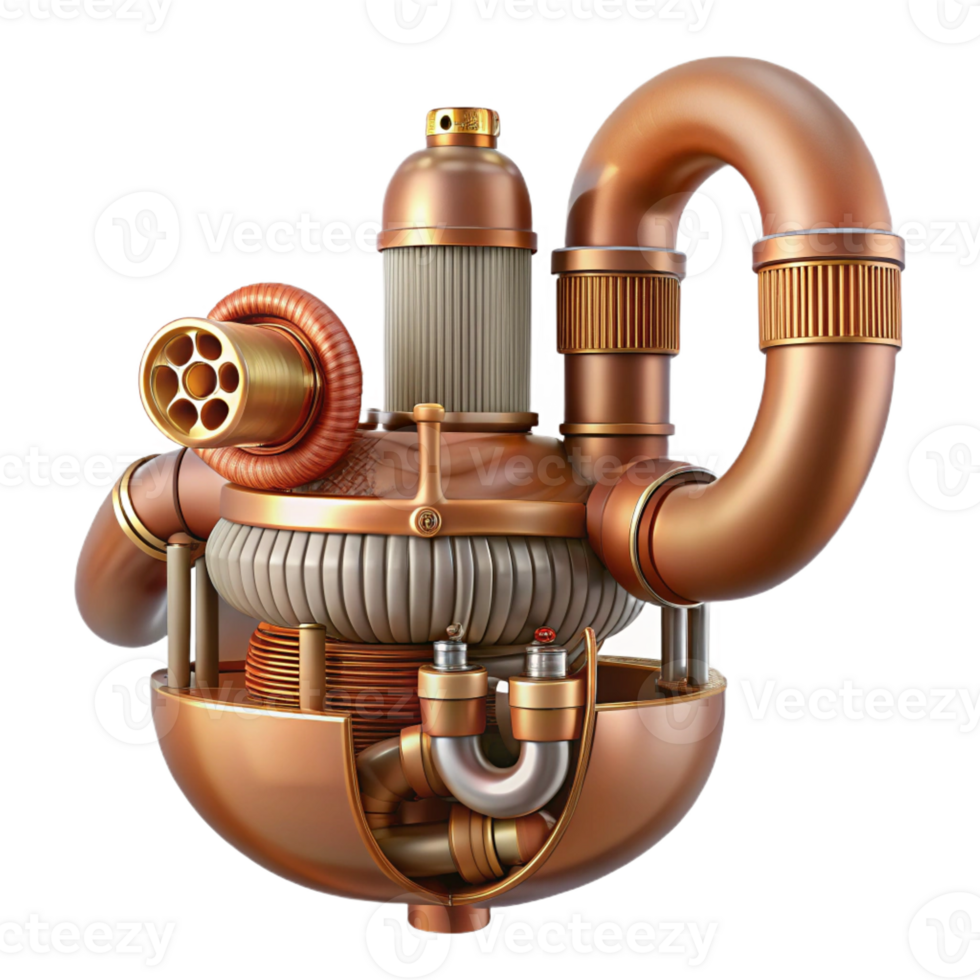 beautiful traditional Biomechanical digestive system with exposed pipes and filters, exhibiting a tarnished, copper finish, in a steampunk style professional png