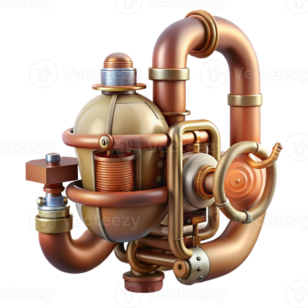 wonderful rustic Biomechanical digestive system with exposed pipes and filters, exhibiting a tarnished, copper finish, in a steampunk style 4K png