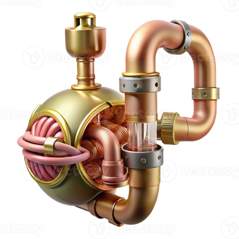 stunning creative Biomechanical digestive system with exposed pipes and filters, exhibiting a tarnished, copper finish, in a steampunk style premium png