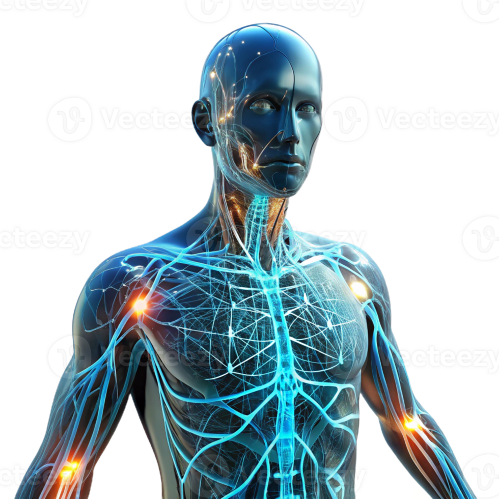 wonderful abstract Human nervous system represented by intricate, glowing wires, transmitting electrical impulses, in a science fiction style premium png