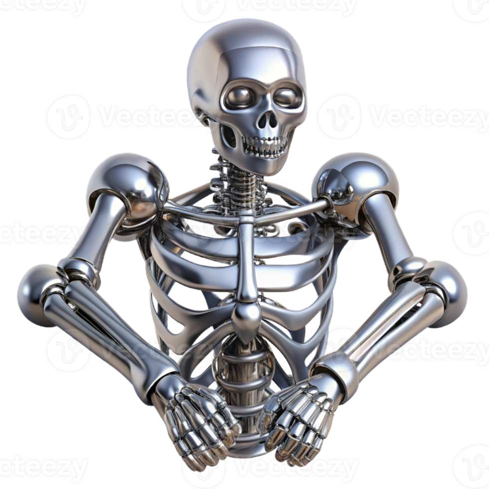 vibrant classic Biomechanical skeletal system composed of polished, chrome bones, reflecting a bright, metallic sheen, in a futuristic aesthetic exclusive png