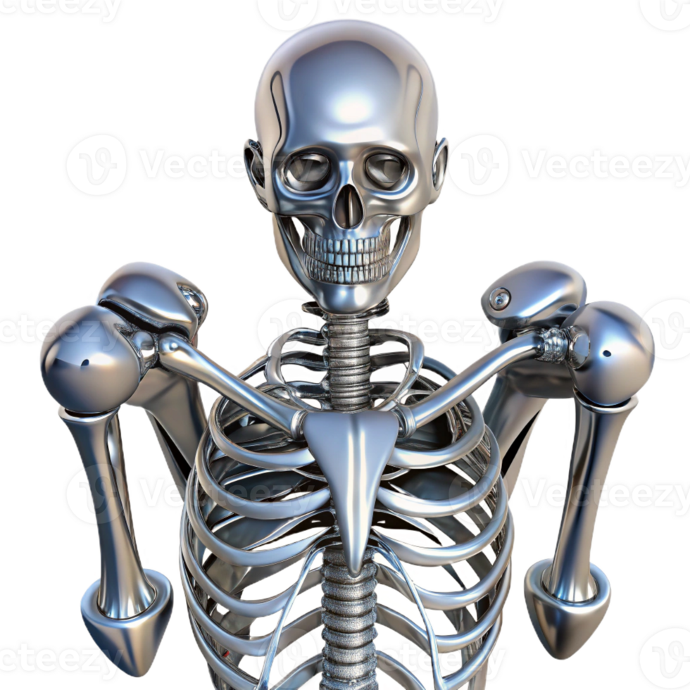 wonderful minimalist Biomechanical skeletal system composed of polished, chrome bones, reflecting a bright, metallic sheen, in a futuristic aesthetic professional png