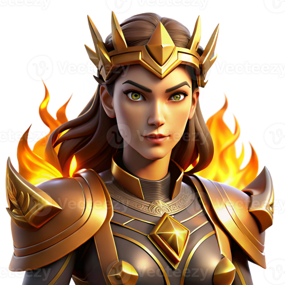 extraordinary minimalist Portrait of a fierce warrior queen with golden armor and a determined expression, lit by the flames of a battlefield, in a digital painting style exclusive png