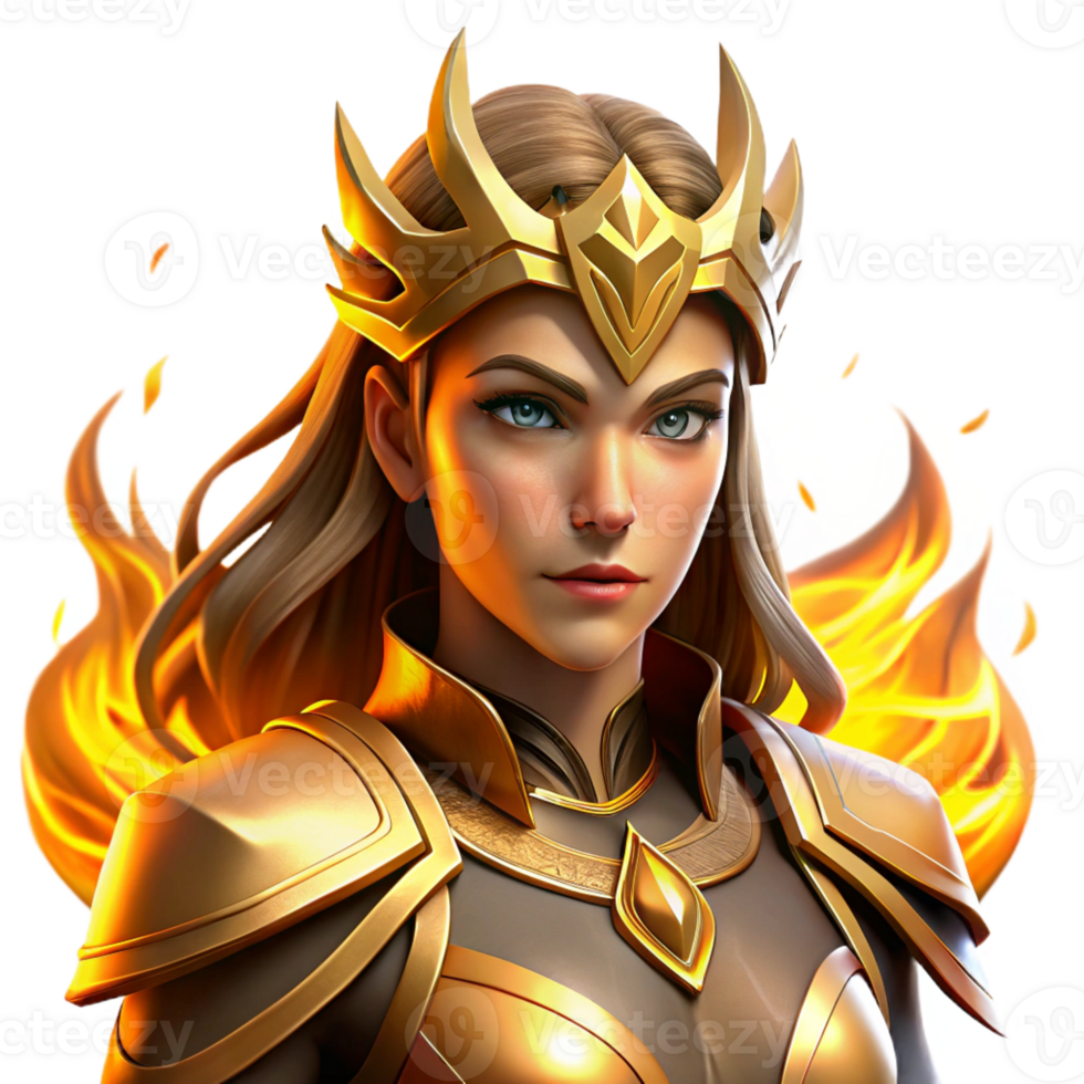 impressive minimalist Portrait of a fierce warrior queen with golden armor and a determined expression, lit by the flames of a battlefield, in a digital painting style exclusive png
