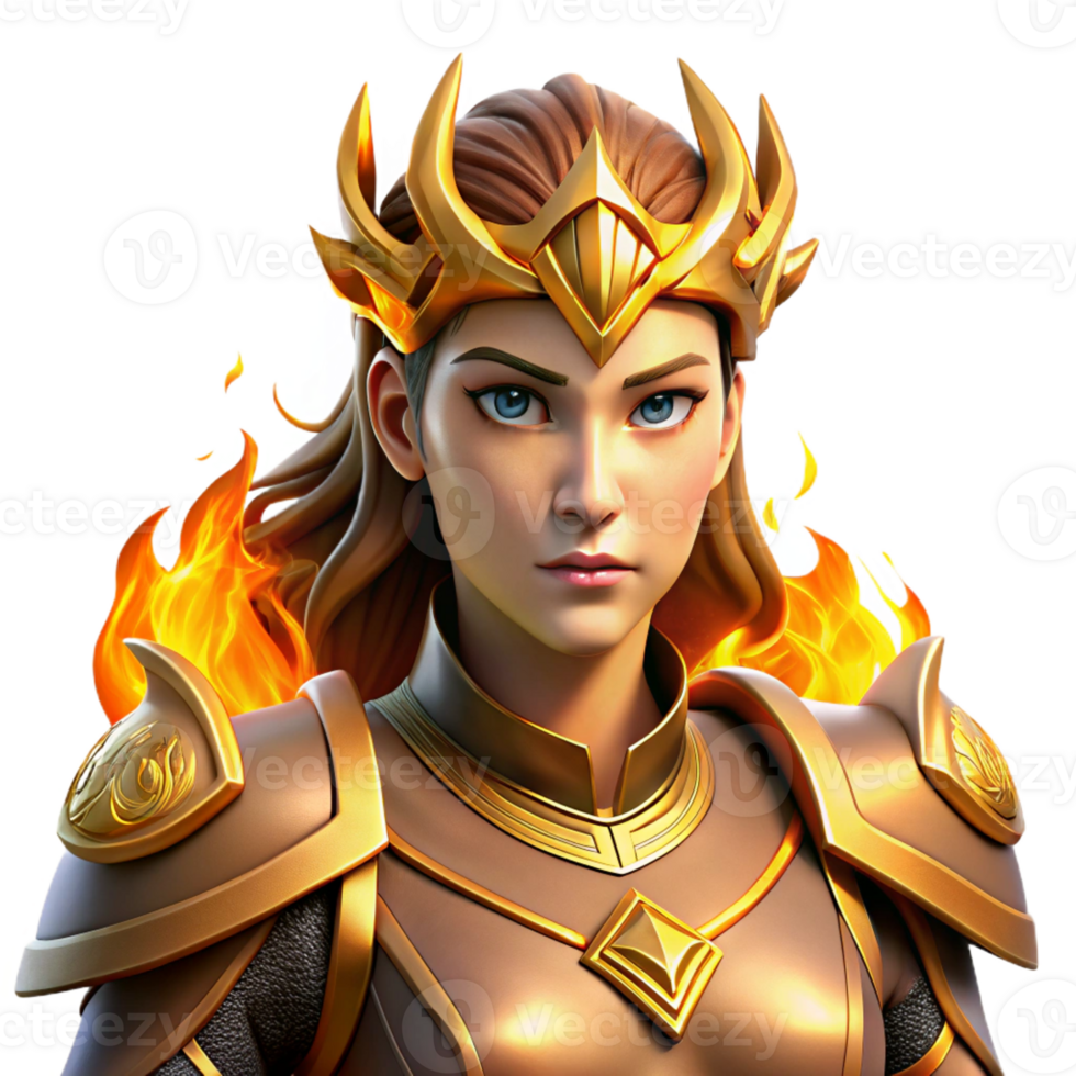 stunning traditional Portrait of a fierce warrior queen with golden armor and a determined expression, lit by the flames of a battlefield, in a digital painting style premium png