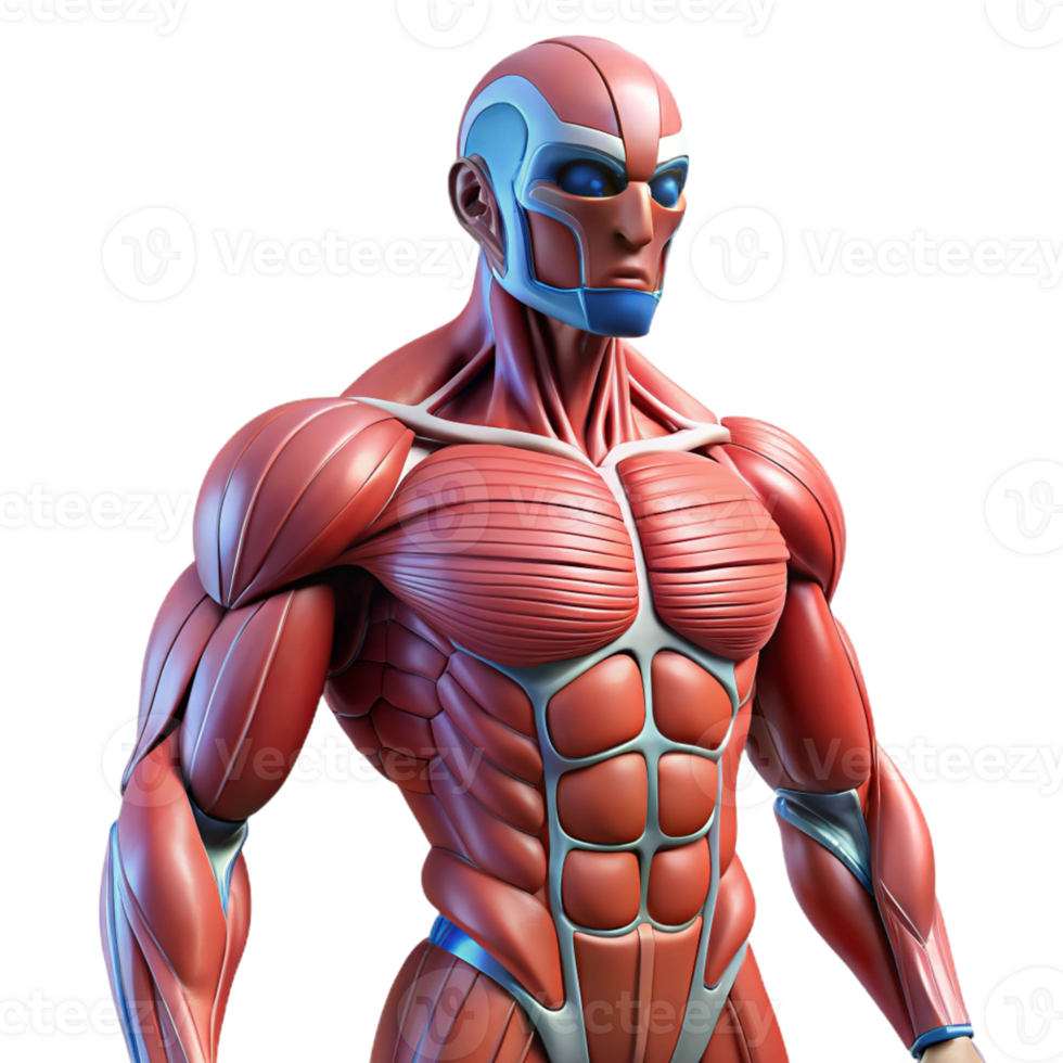 extraordinary contemporary Human muscular system augmented with artificial fibers and actuators, exhibiting a rippling, dynamic texture, in a biopunk style authentic png