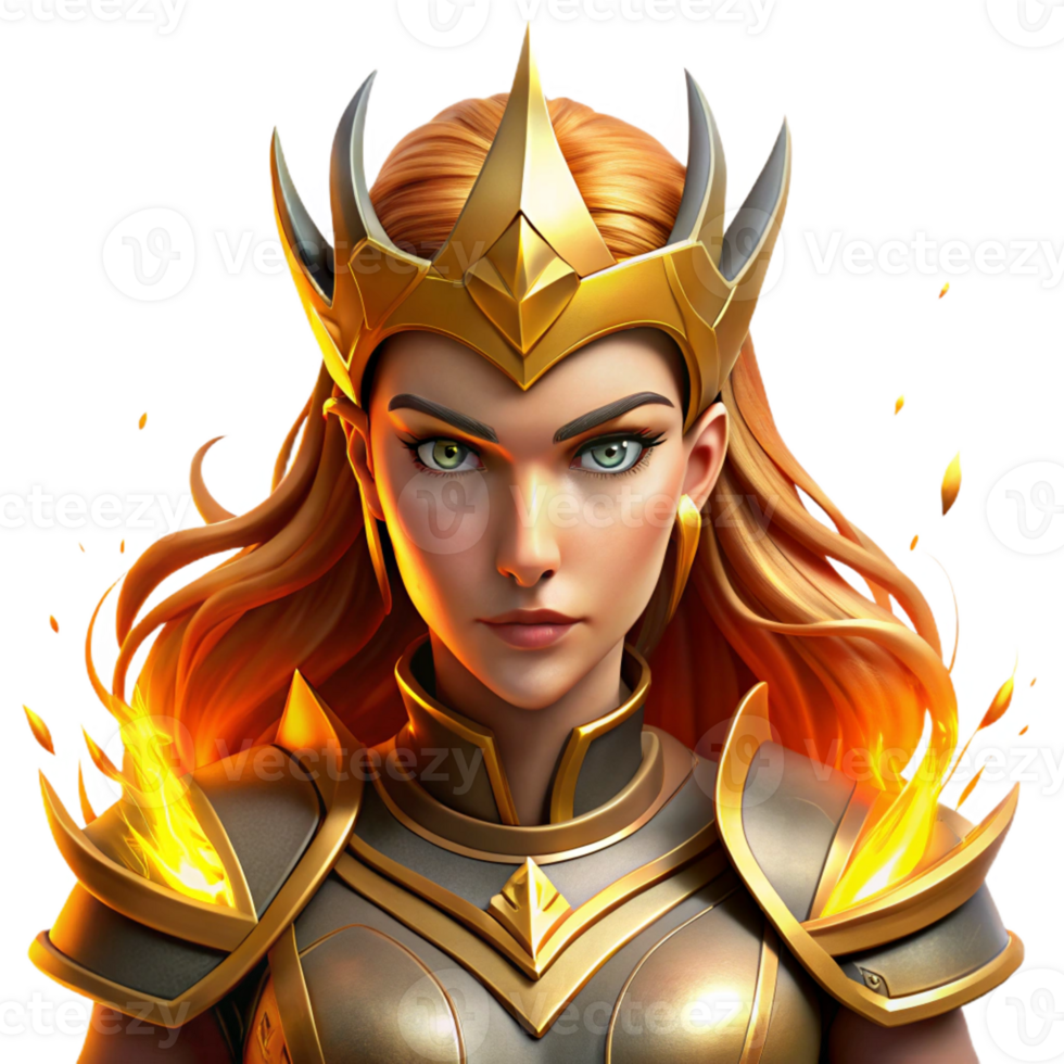 wonderful traditional Portrait of a fierce warrior queen with golden armor and a determined expression, lit by the flames of a battlefield, in a digital painting style exclusive png